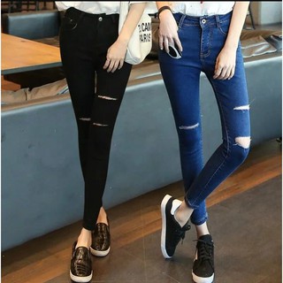 Quần jean nữ lưng cao xẻ rách gối