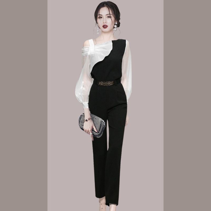 Bộ Áo Màu Tương Phản Phối Quần Dài Tới Mắt Cá Chân Lưng Cao Thời Trang Xuân Thu 2023 Sang Trọng