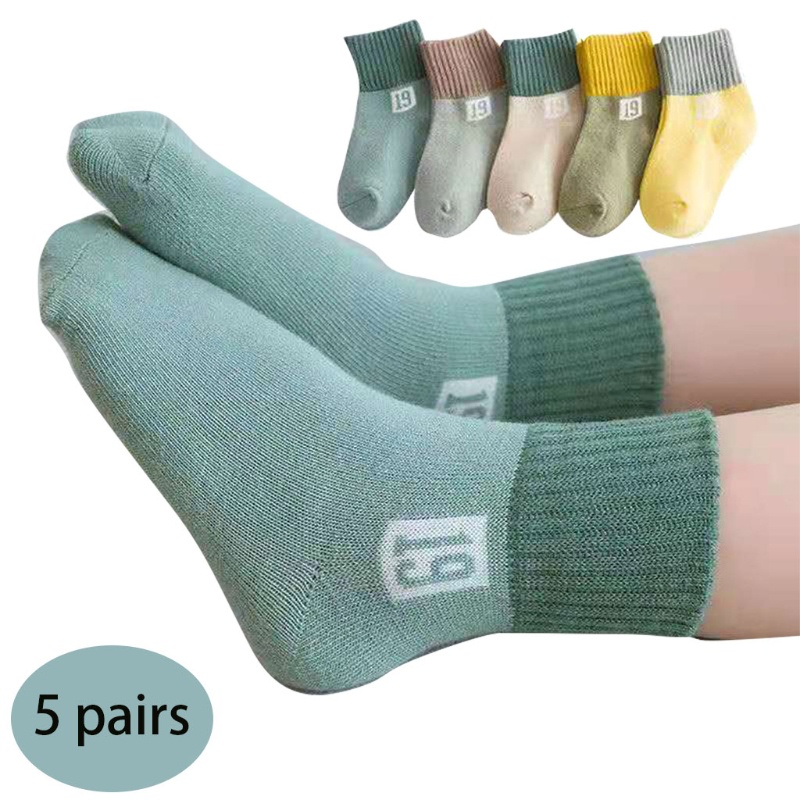 Bộ 5 Đôi Vớ Cotton Họa Tiết Chữ Cái Màu Sắc Tương Phản Giữ Ấm Mùa Đông Cho Bé