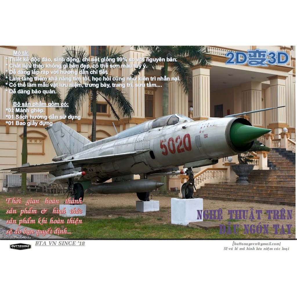 Mô Hình Lắp Ghép kim Loại 3D Máy bay Tiêm Kích MIG-21 KQ Việt Nam