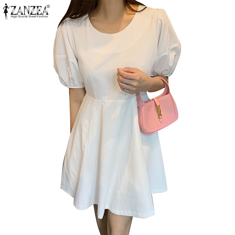 ZANZEA Đầm Ngắn Cổ Tròn Tay Phồng Thời Trang Nữ Hàn Quốc