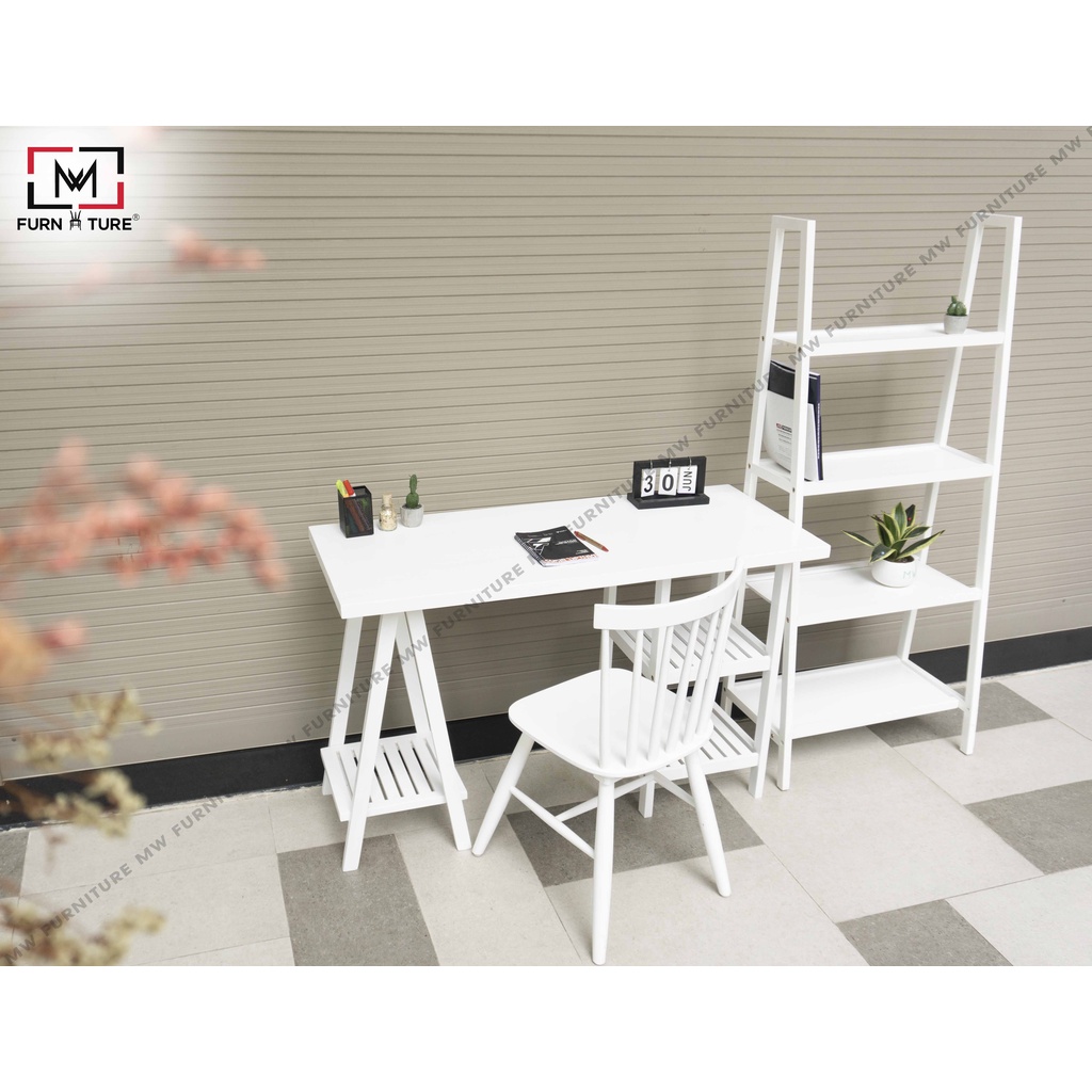 Bàn học làm việc có kệ chân tháp màu trắng thương hiệu MW FURNITURE - Nội thất căn hộ