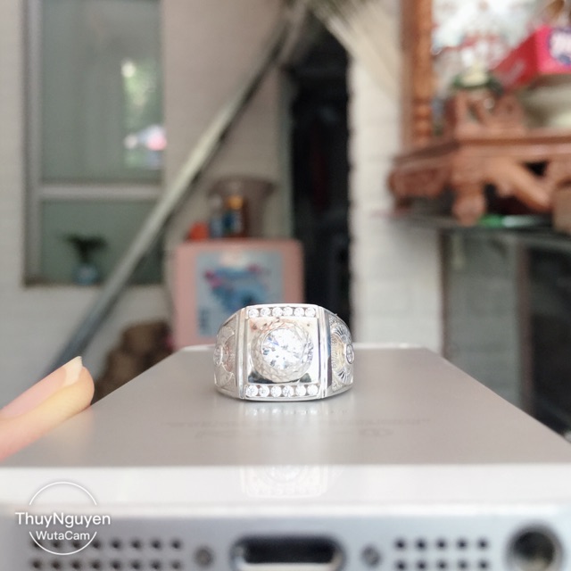 Nhẫn nam đá trắng 5li mặt vuông bạc thật mạ vàng trắng