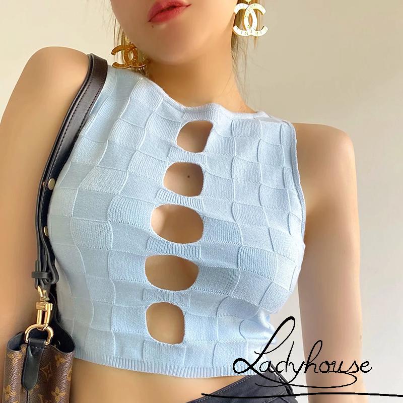 Áo Croptop Dệt Kim Không Tay Màu Trơn Họa Tiết Kẻ Sọc Cho Nữ