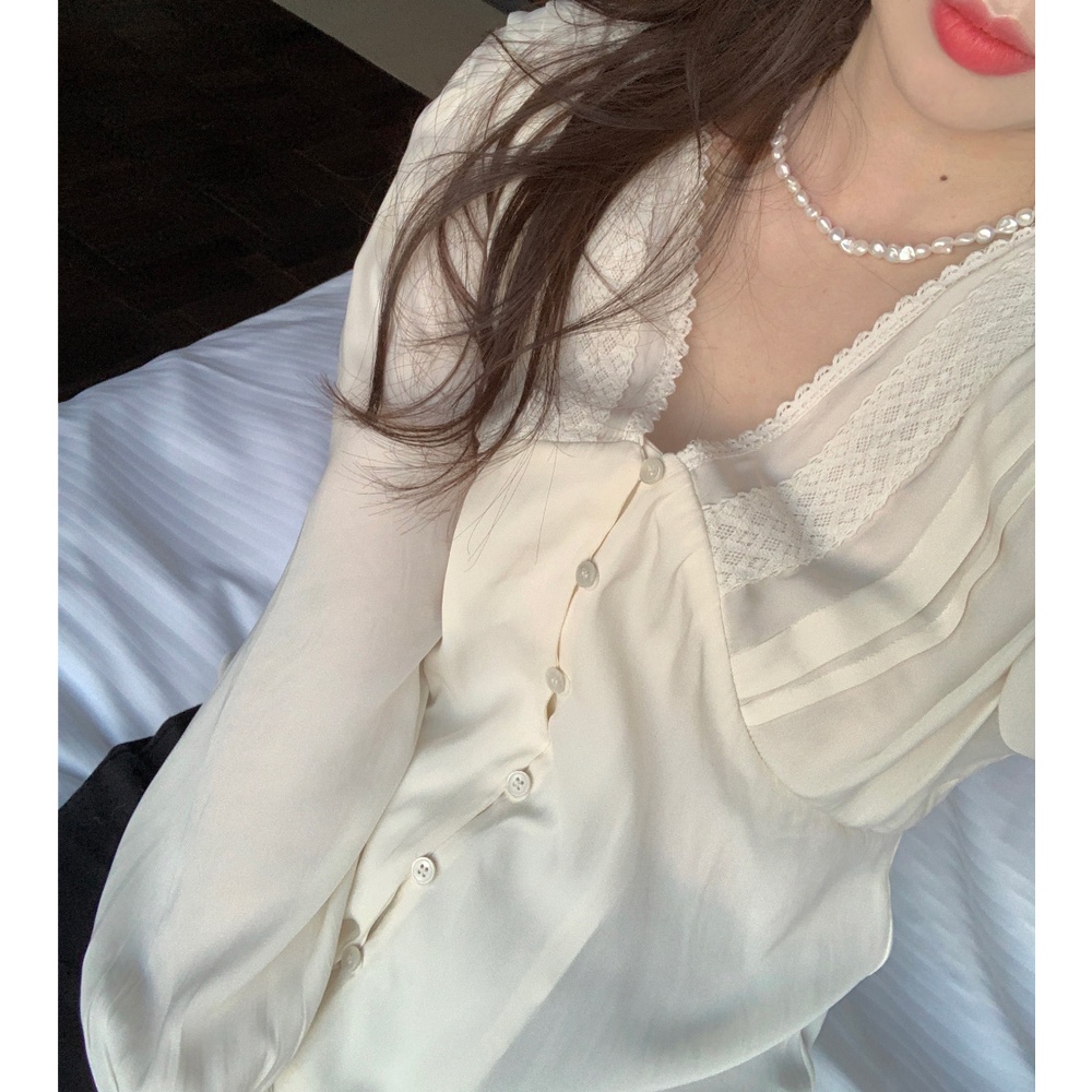 Áo sơ mi tay dài cổ chữ V phối ren thời trang dành cho phái nữ 42456v