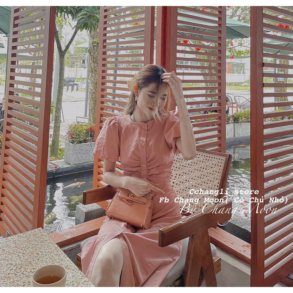 ĐẦM MIDI HỒNG  CỔ TRÒN NHÍU NGỰC TAY BỒNG