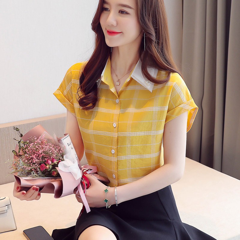 Áo sơ mi tay ngắn họa tiết ca rô phong cách Hàn Quốc dành cho nữ