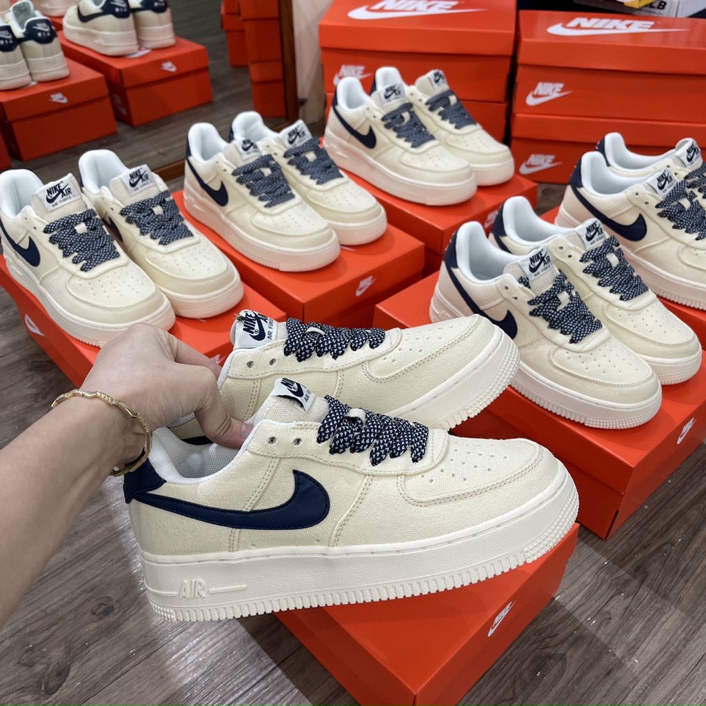 AIR FORCE 1 CANVAS NAVY, AF1 Vải Kem Sữa Hót trend, Giầy thể thao AF1 kem vạch xanh than Full kiện