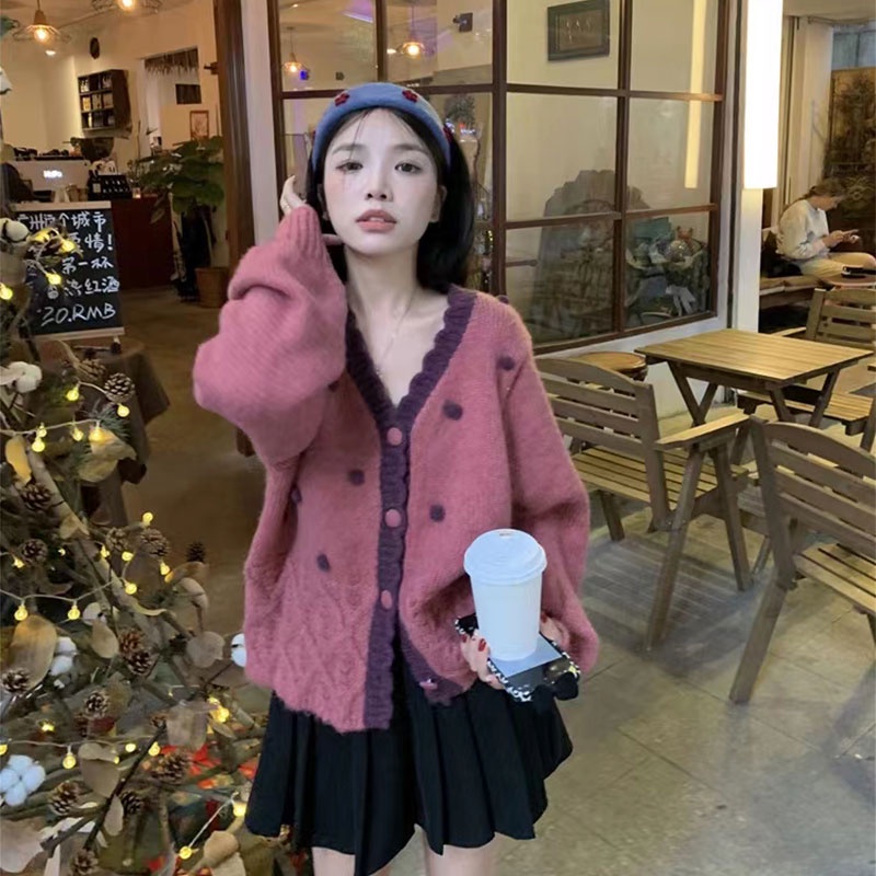 Áo Khoác Len cardigan Tay Dài Cổ Chữ V Phối Ren Màu Tương Phản Thời Trang Hàn Quốc Cho Nữ