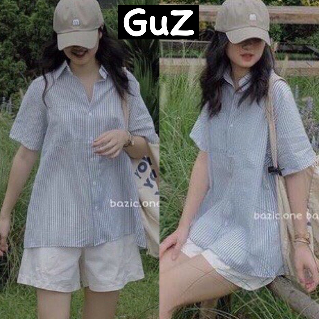 Áo sơ mi nữ cộc tay kẻ sọc kèm quần đùi form rộng màu trắng thời trang Hàn Quốc GuZ