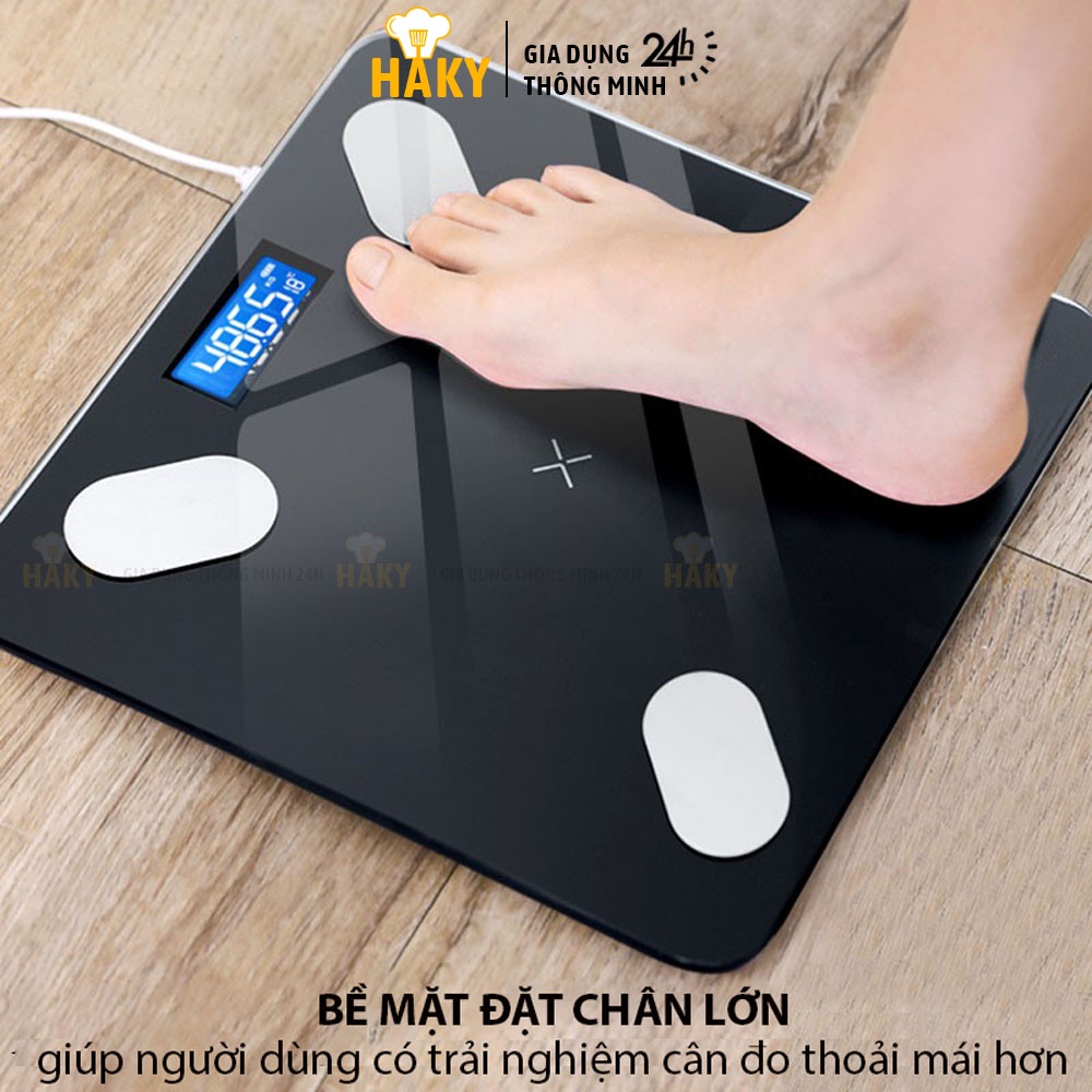 Cân điện tử đo chỉ số sức khỏe kết nối Bluetooth thông minh HAKY020, đo và phân tích lượng mỡ, cơ, nước qua app OKOK