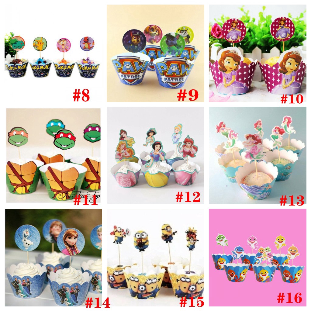 Set 24 Phụ Kiện Màng Bọc Và Topper Trang Trí Bánh Cupcake Họa Tiết Chuột Mickey Minnie / Doraemon / Công Chúa Băng Giá