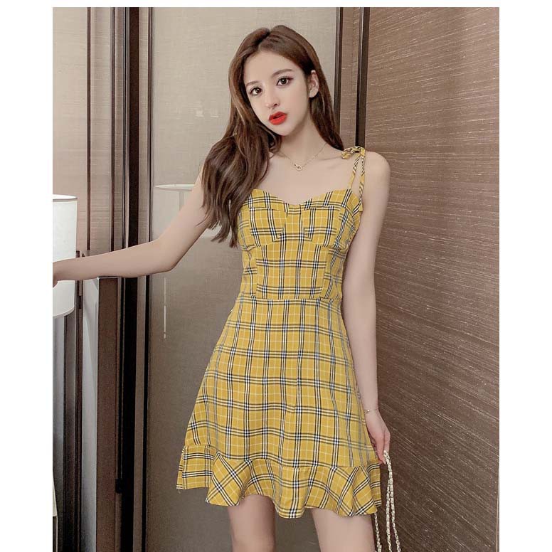 Đầm nữ, váy nữ 2 dây họa tiết caro vàng dễ thương