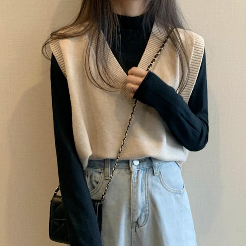 Áo sweater gile cổ trái tim bằng cotton mịn xinh xắn