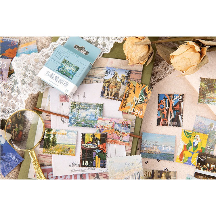 Hộp 45 miếng sticker mẫu tem hình các bức tranh