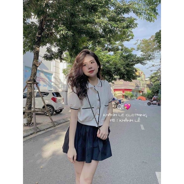 Áo dập quả trám cổ bẻ pha viền xinh xắn