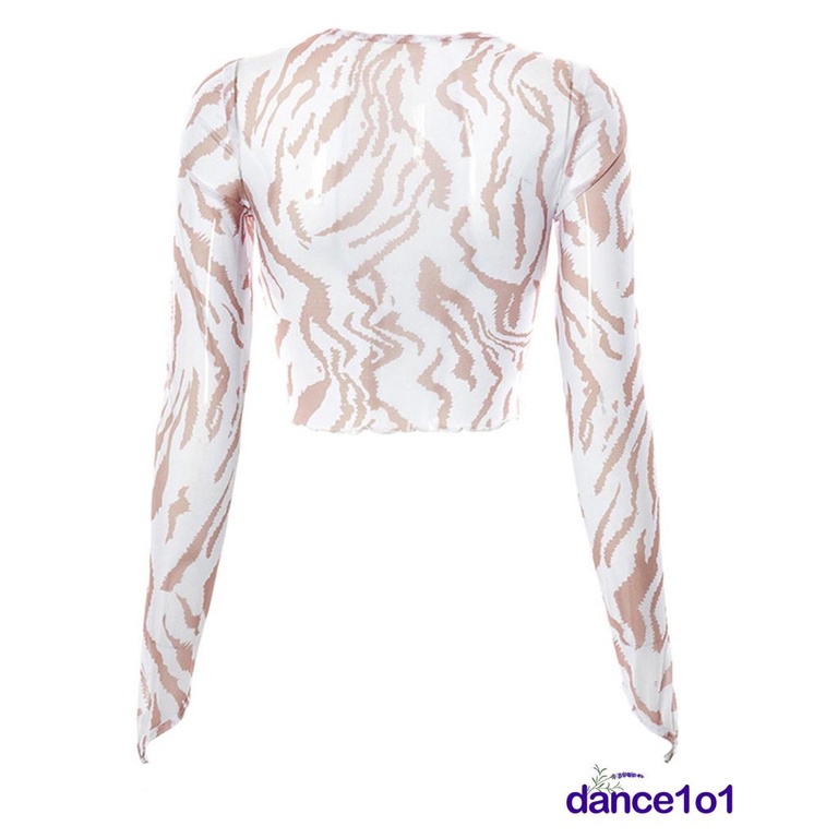 Áo kiểu tay dài cổ tròn ngắn viền tai gỗ in họa tiết cho nữ