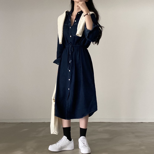 Áo Sơ Mi Denim Dài Tay Thắt Dây Dáng Rộng Phong Cách Retro Mùa Thu Hàng Mới Dành Cho Bạn Nữ 54653