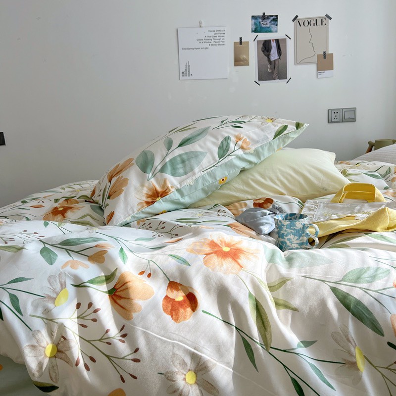 Bộ vỏ chăn ga gối 4 món Cotton Polyester hoa nâu