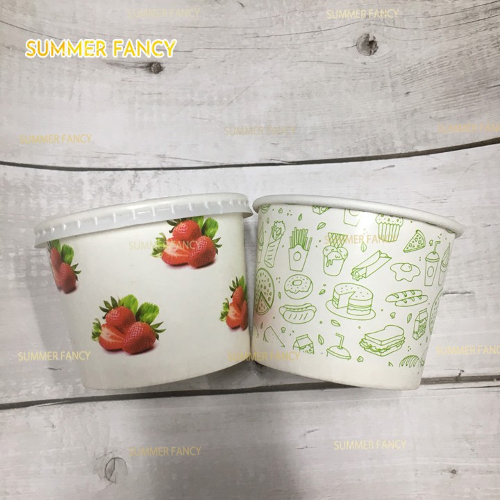 100 Bát giấy 350ml ~ 12oz in hình có nắp, hộp giấy, cốc ly đựng chè bún mì cháo - paper bowl with lid 360ml