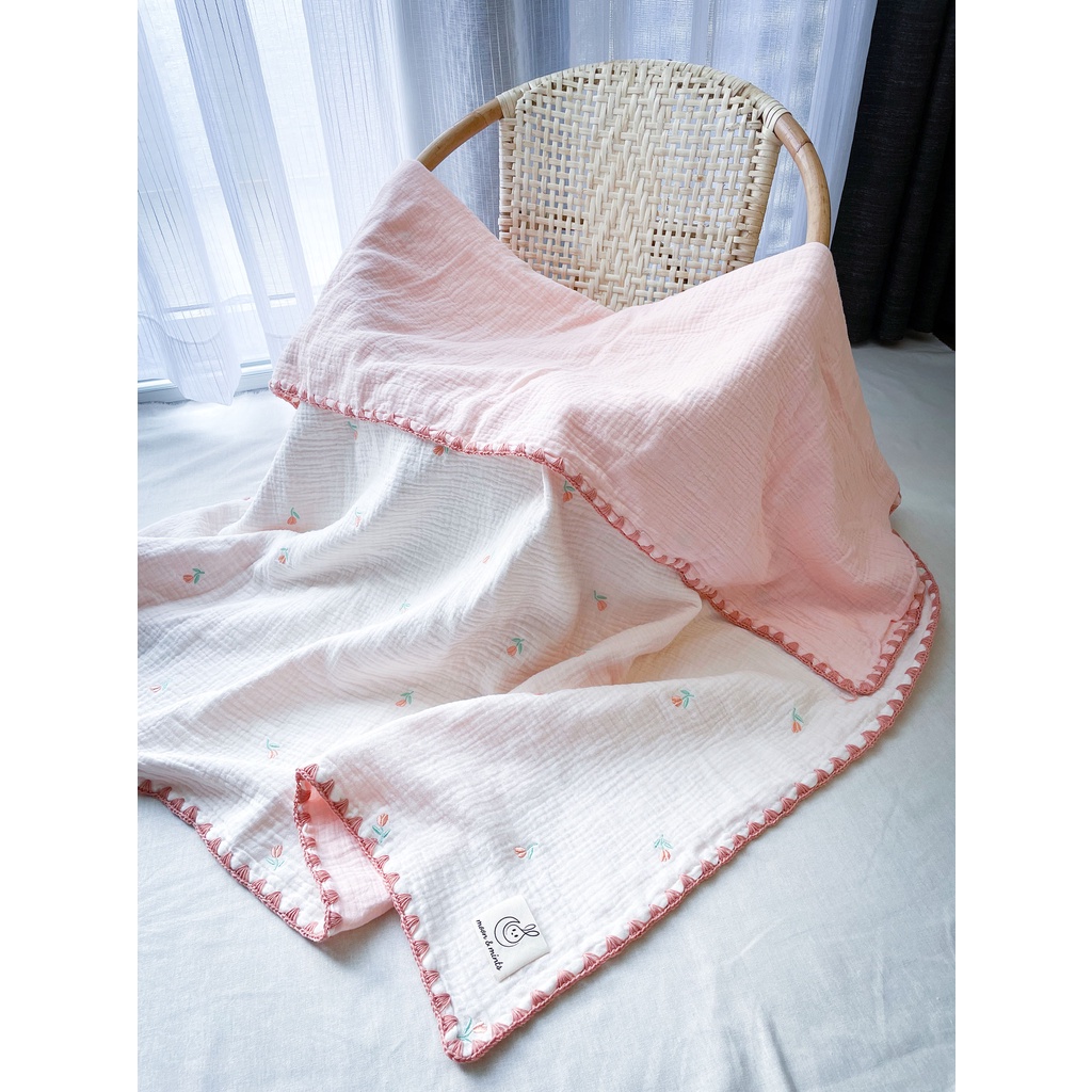 Chăn xô muslin 4 lớp Moon&Mints thêu họa tiết cho bé, viền thủ công phong cách Hàn Quốc