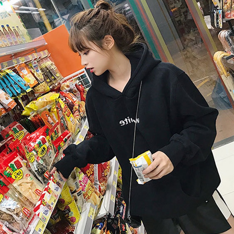Áo hoodie tay dài dáng rộng in họa tiết cá tính phong cách Hàn Quốc cho nữ