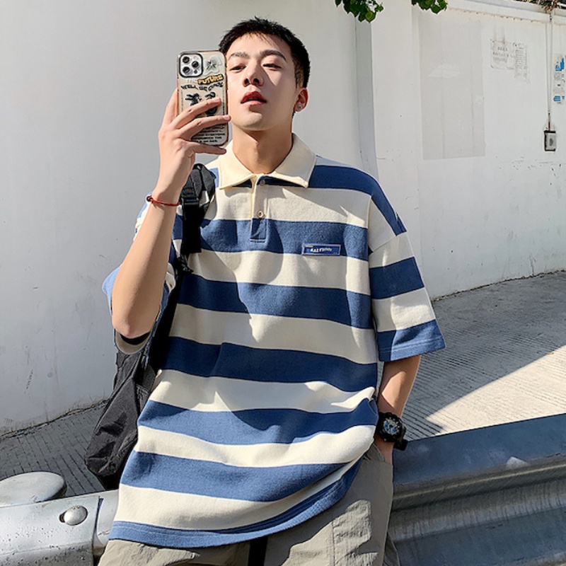 Áo polo Ngắn Tay Form Rộng Họa Tiết Kẻ Sọc Màu Sắc Tương Phản Thời Trang Mùa Hè Dành Cho Nam