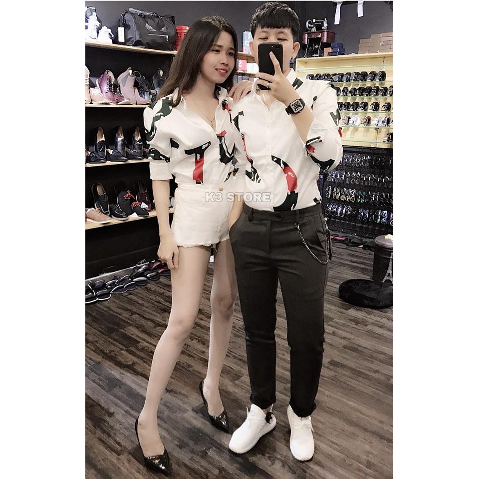 ÁO SƠ MI NAM NỮ TAY DÀI HOẠ TIẾT 3D LỤA CAO CẤP, ÁO SƠ MI NAM, ÁO SƠ MI NỮ, ÁO SƠ MI CẶP, HOẠ TIẾT LÁ FORM ÔM ĐẸP | BigBuy360 - bigbuy360.vn