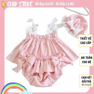 Bộ 2 Dây Bé Gái CHIP STORE Set Bộ  Màu Hồng Phấn Kèm Quần Chip Đính Nơ  Xinh Xắn Cho Bé