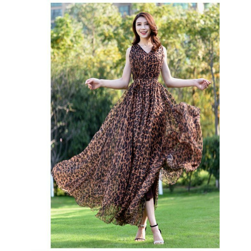 Đầm maxi da beo không tay, váy xòe chiffon du lịch đi biển có bigsize - HNG