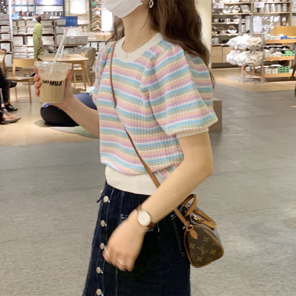 Áo Thun Tay Ngắn Phồng Họa Tiết Sọc Thời Trang Dành Cho Nữ