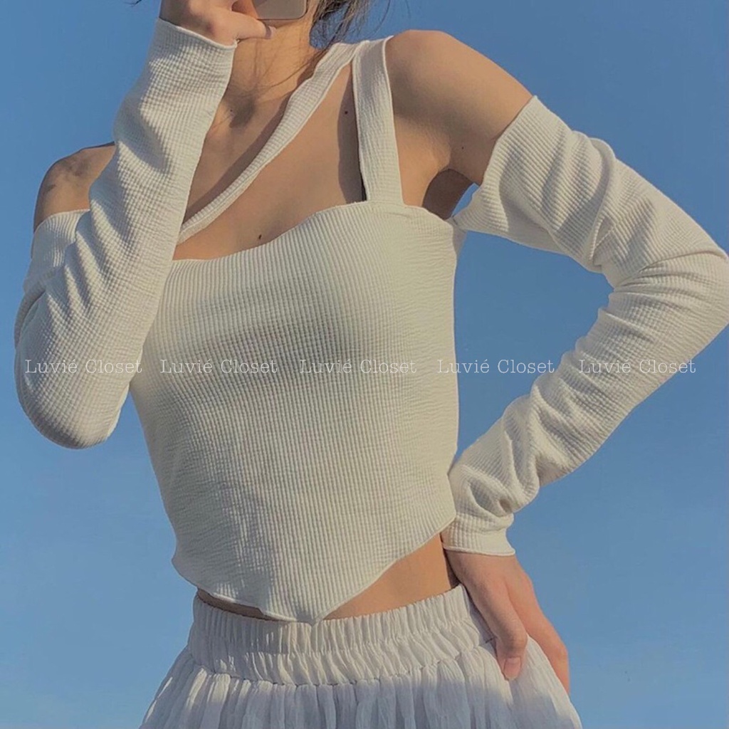 Áo Croptop Ôm Trễ Vai Dây Chéo Cổ Tà Vạt Nhọn Tay Dài Cá Tính, Áo Kiểu Hở Vai Bẹt Vai Rớt Vai Nữ
