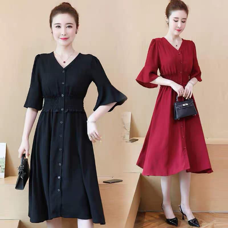 Đầm xòe cổ V nhúng dự tiệc tòng sang chảnh phối nút so iu-yểu điệu thục nữ là em đây chứ aiiiiiii