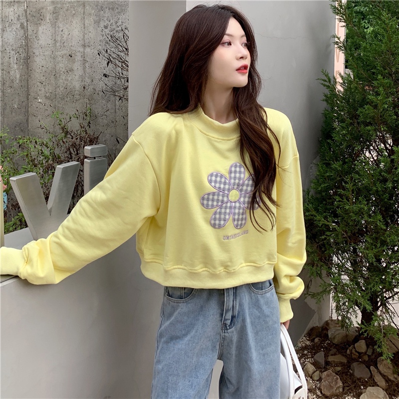 Áo sweater SUXI thể thao tay dài dáng rộng họa tiết hoa xinh xắn dễ phối đồ cho nữ
