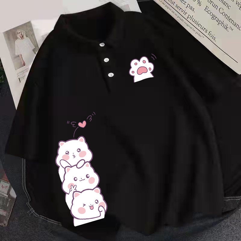 Áo Thun POLO Tay Ngắn Dáng Rộng In Họa Tiết Dễ Thương Thời Trang Mùa Hè Cho Nữ