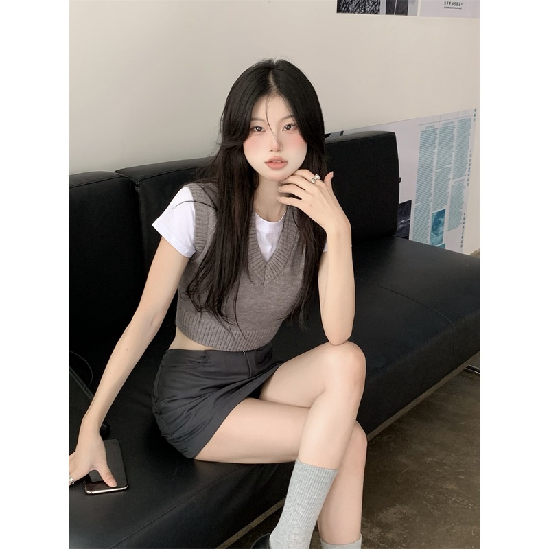 Xiaozhainv Áo crop top Dệt Kim Cổ Chữ V Phong Cách Hàn Quốc Có 3 Màu Lựa Chọn | BigBuy360 - bigbuy360.vn