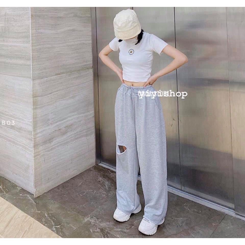 Quần ống rộng rách đùi lai tưa Unisex- Quần nỉ bo chun dáng rộng phong cách ullzang quần cá tính | BigBuy360 - bigbuy360.vn