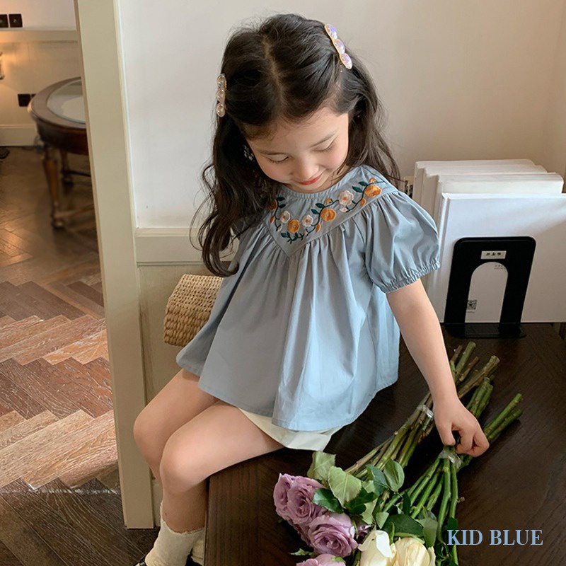 Áo Sơ Mi Tay Ngắn Phồng Thêu Hoa Phong Cách Phương Tây Thời Trang Mùa Hè Mới Dành Cho Bé Gái