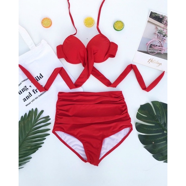 Bikini áo gọng chéo kèm quần lưng cao nhún hai mảnh