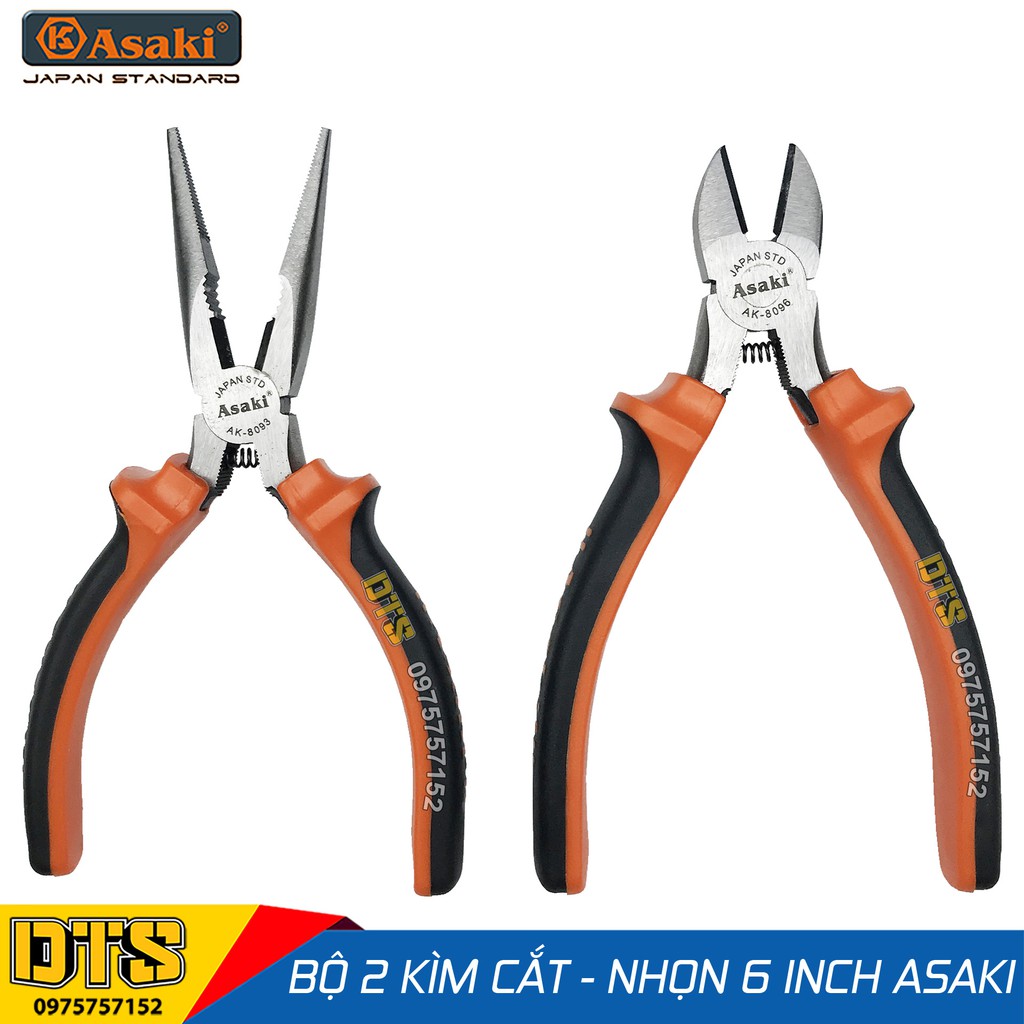 Bộ 2 kìm cắt - kìm nhọn kiểu Mỹ Asaki A+cut Tech 6 inch/ 150mm, thép High Carbon độ cứng cao