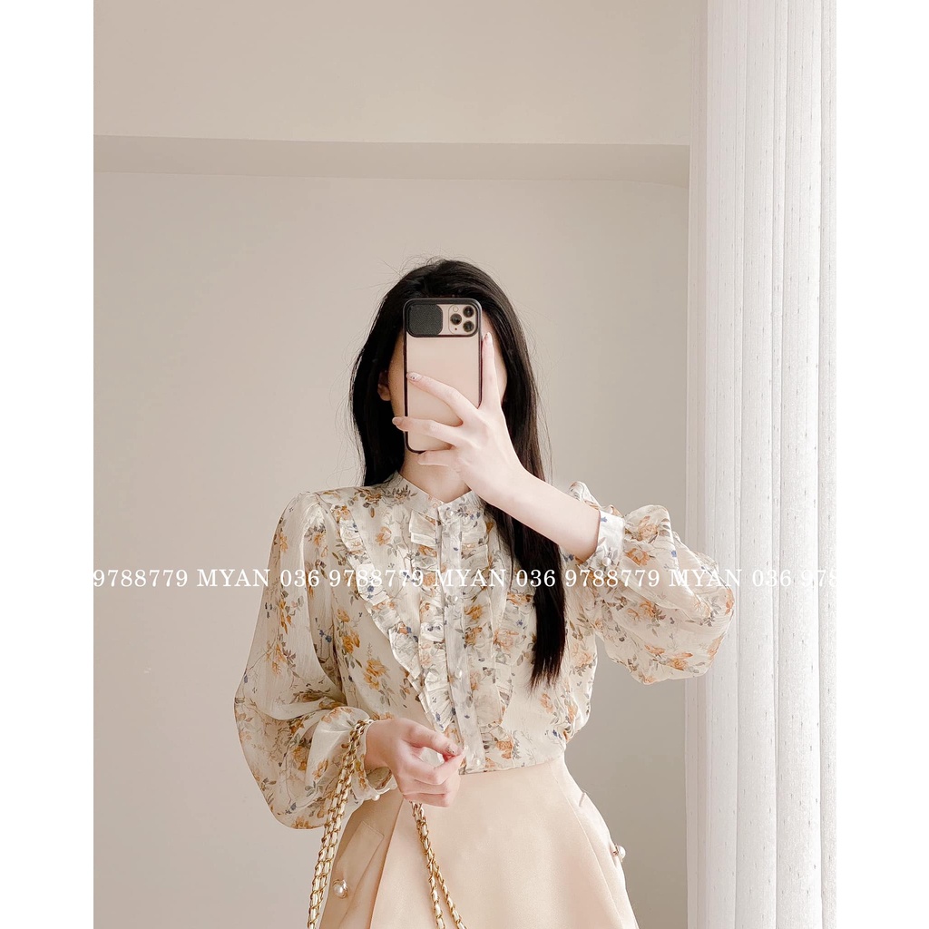 Áo Sơ Mi Kiểu, Họa Tiết Hoa Nhí Cổ Tàu Trụ Bèo Dọc Chất Tơ Màu Pastel (Xanh, Hồng Cam, Be) MYAN - Avn022204