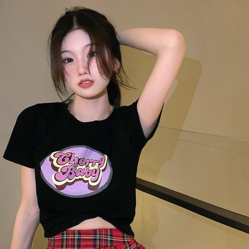 Áo Thun Croptop Tay Ngắn Cổ Tròn In Họa Tiết Ngọt Ngào Phong Cách Hàn Quốc Thời Trang Mùa Hè Cho Nữ