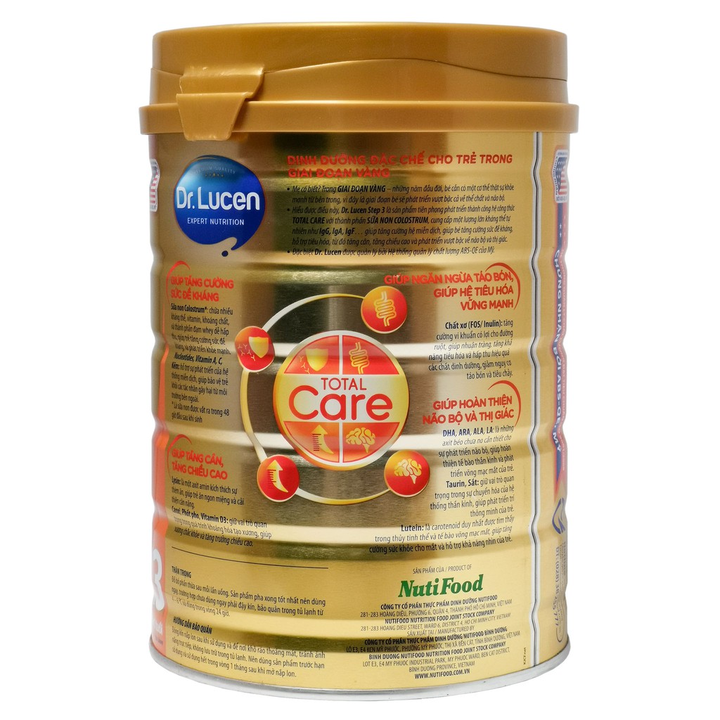 [CHÍNH HÃNG] Sữa Bột Nutifood Dr.Lucen Total Care Step 3 - Hộp 900g (Dinh dưỡng đặc chế cho trẻ trong GIAI ĐOẠN VÀNG)