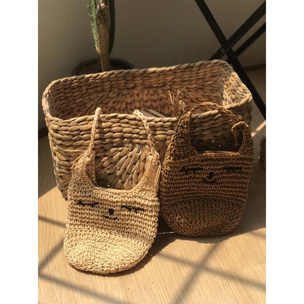 || Manintage || - Túi cói đan Macrame tua rua trắng / nâu