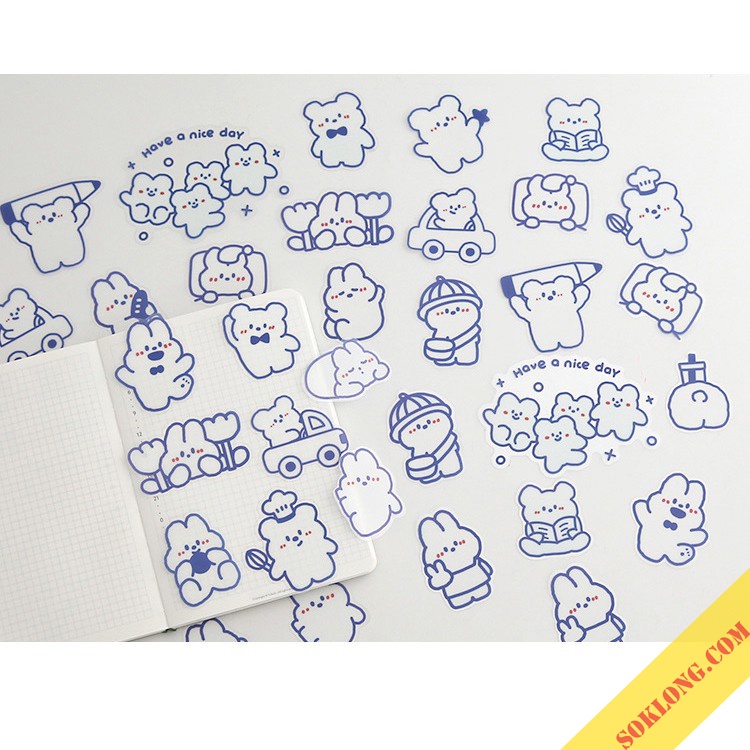 Bộ Sticker hình Thỏ Béo - Gấu dễ thương trang trí sổ, laptop, điện thoại, nhán dãn trang trí Tuệ Minh