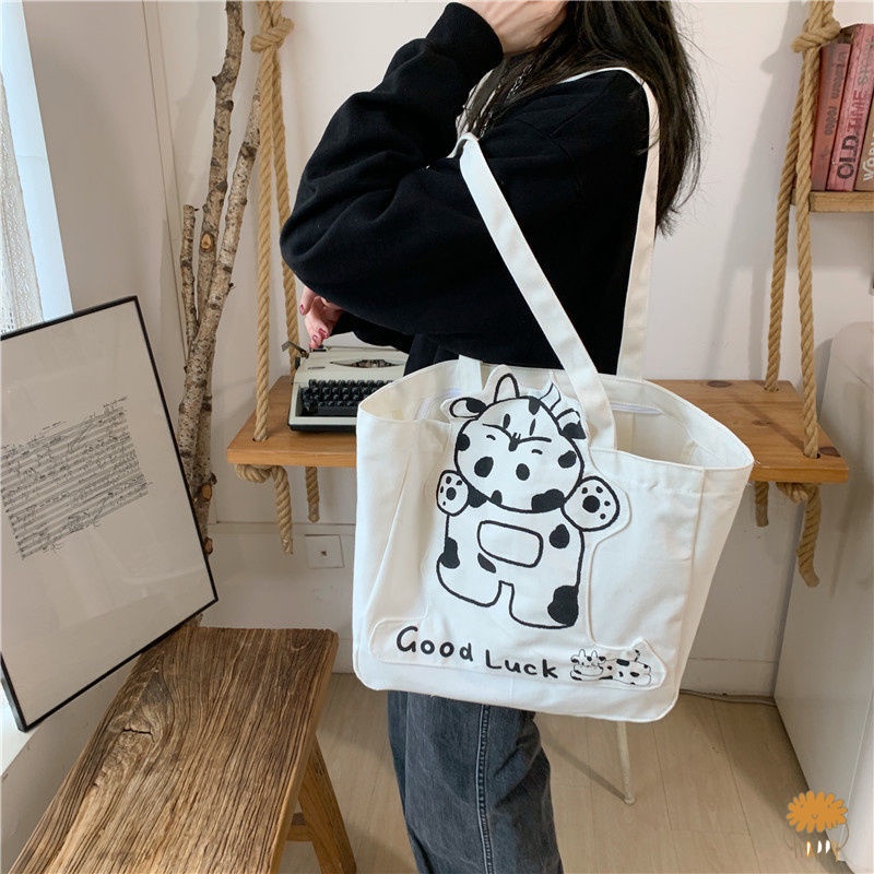 Túi canvas đeo chéo cỡ lớn in hình chú chó đơn giản thời trang dành cho học sinh