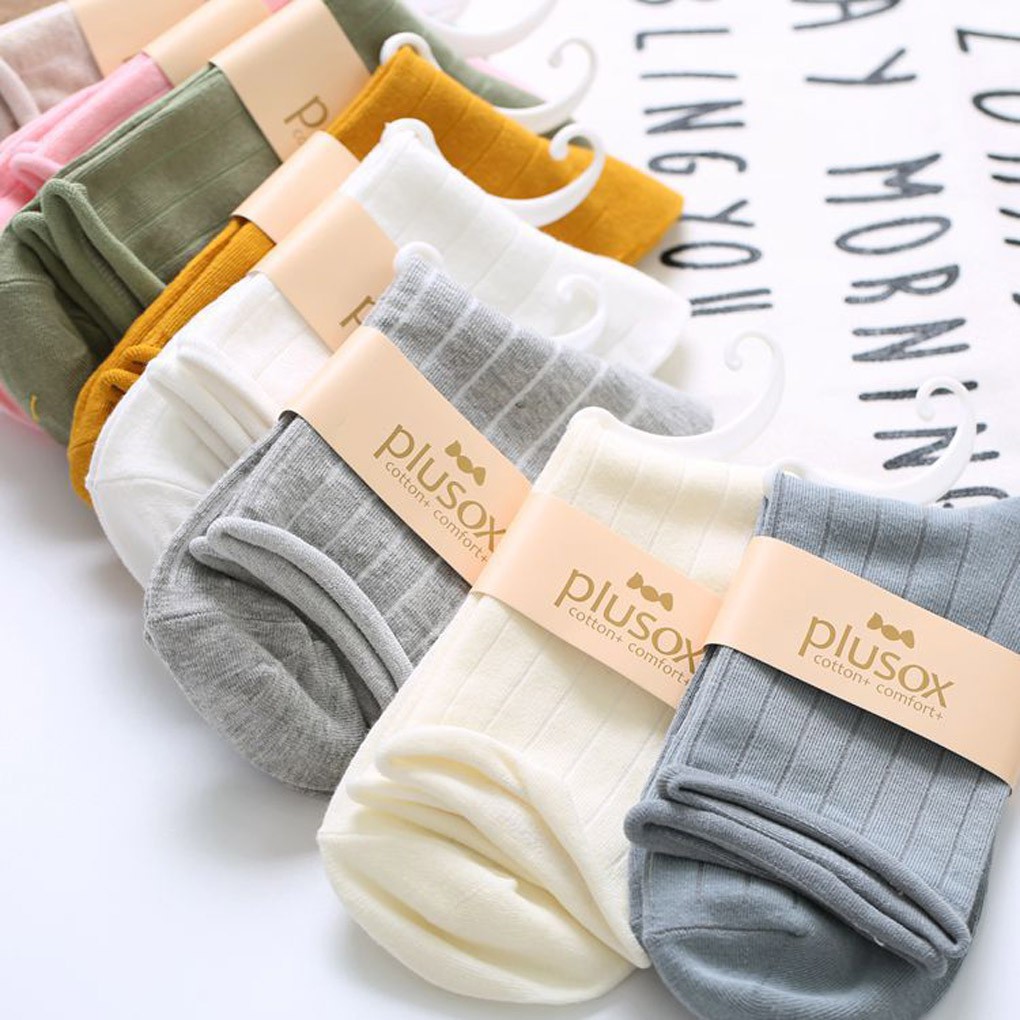 Women Girl Cotton Solid Color Loose Roll Up Casual Socks