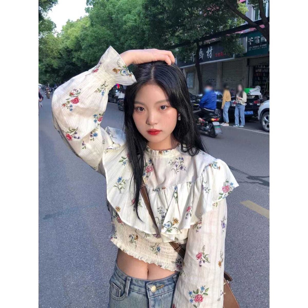 Áo kiểu Hàn Quốc dáng ngắn phối bèo nhún thiết kế mới cho nữ 2021