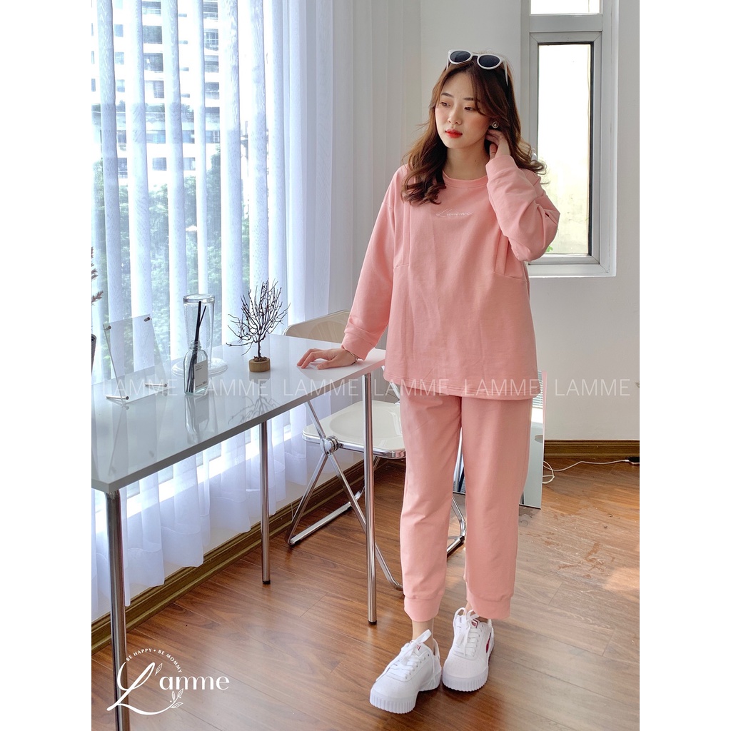 Bộ nỉ khóa chéo mặc nhà chất Nỉ cổ tròn thời trang năng động, tiện lợi cho mẹ bầu và sau sinh thiết kế bởi LAMME