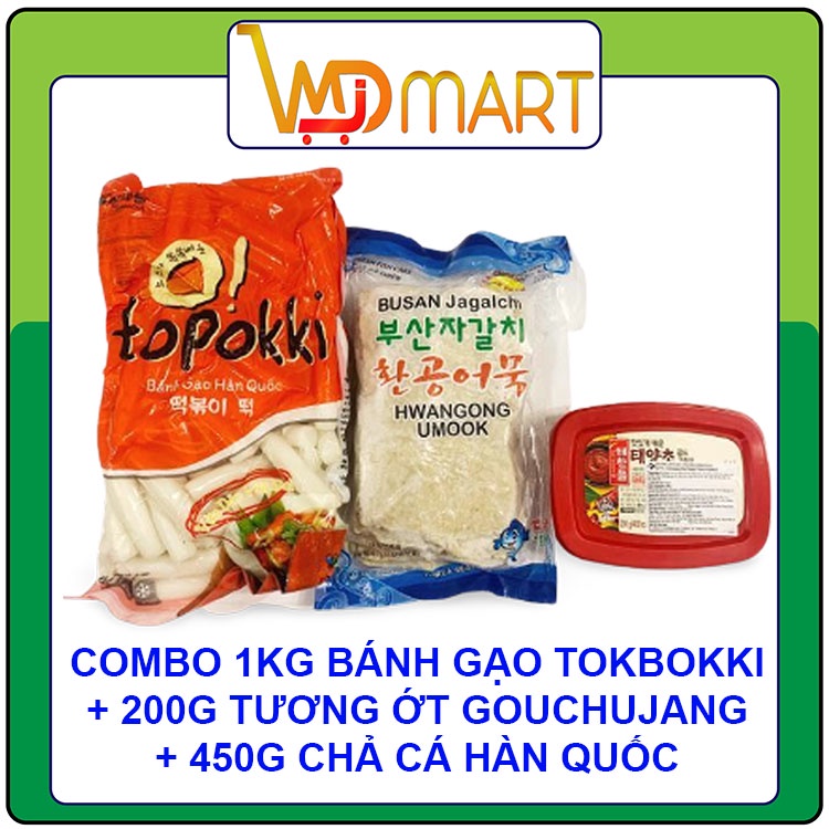 Bánh gạo hàn quốc tokbokki cắt khúc 1kg + tương ớt hàn quốc Gouchujang 200g + chả cá liên doanh 450g